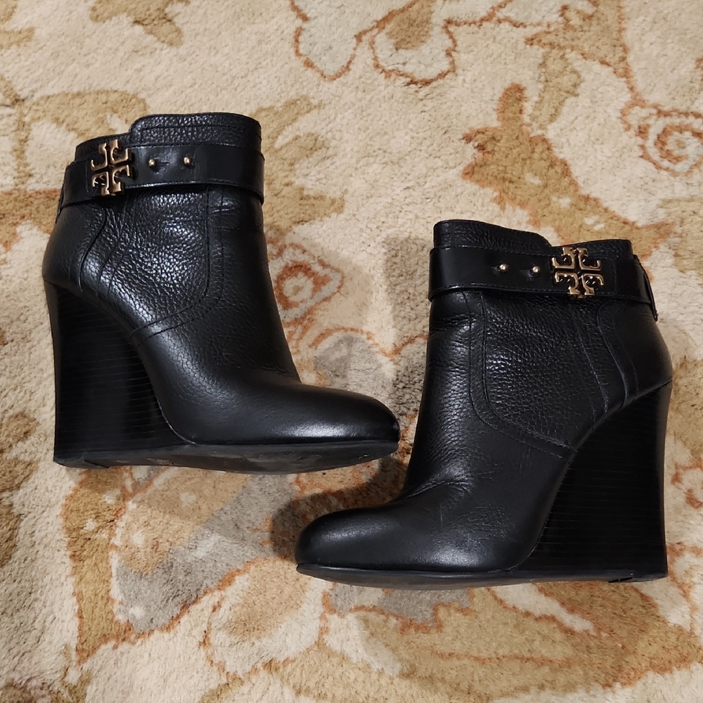 Tory Burch Black Leather Wedge Ankle Booties with Gold Logo